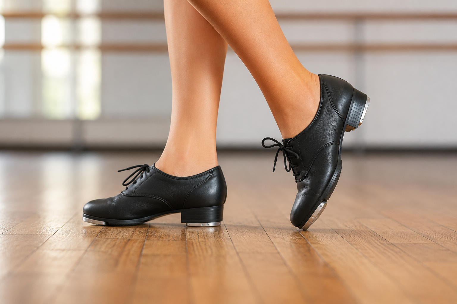 Dancer wearing black tap shoes in a dance studio