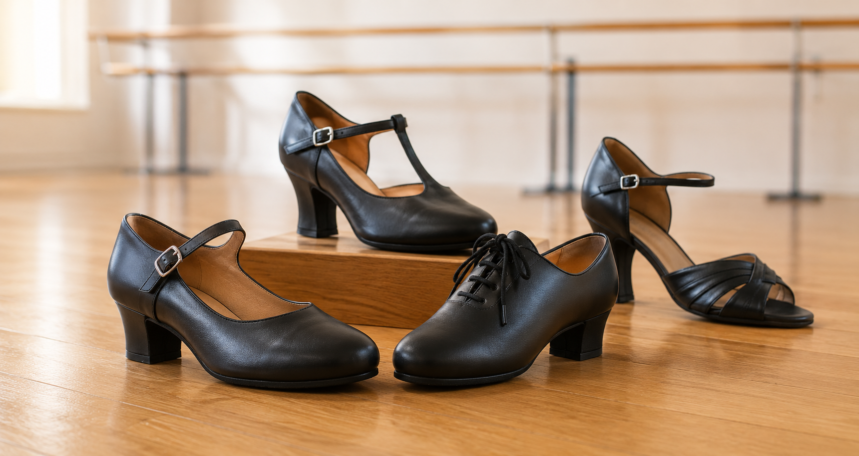 Selection of character shoes and practice dance shoes in a dance studio