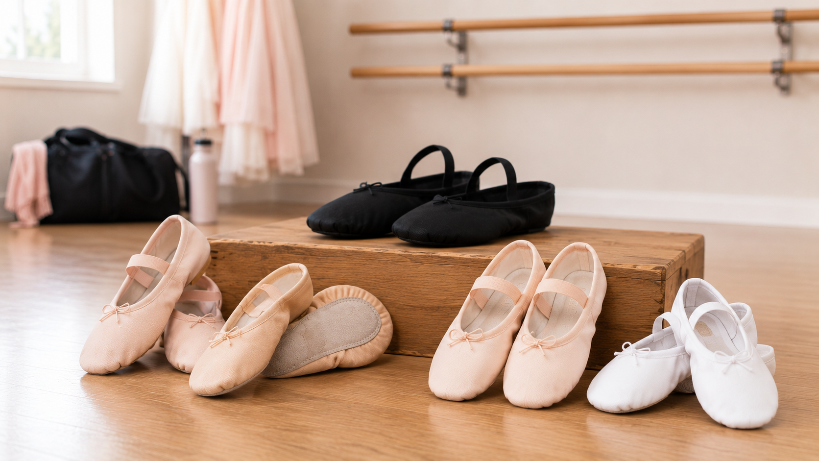 Leather and canvas ballet shoes for classes, examinations and performance