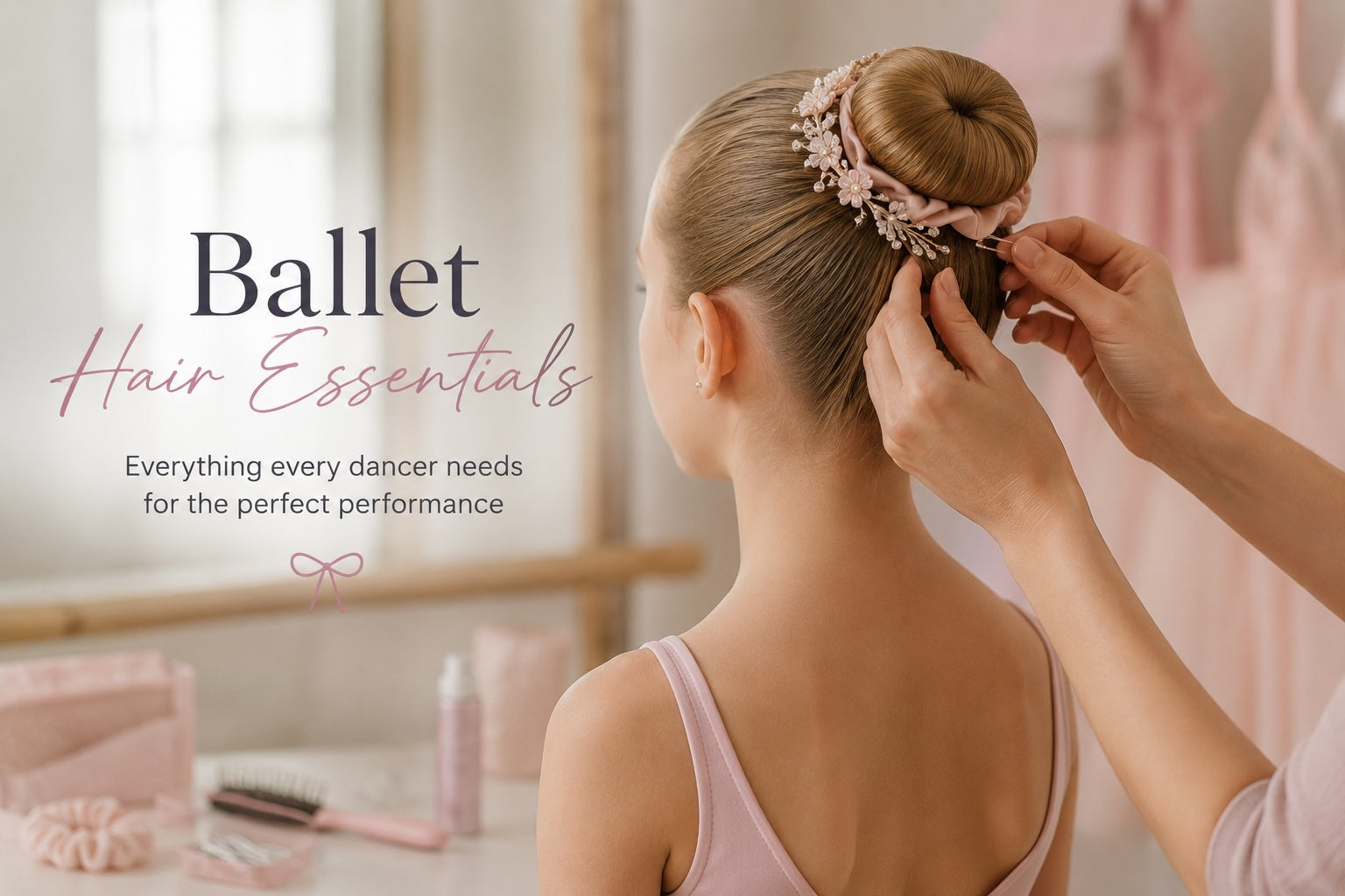 “Young ballerina having her ballet bun styled with hair accessories for dance performance”