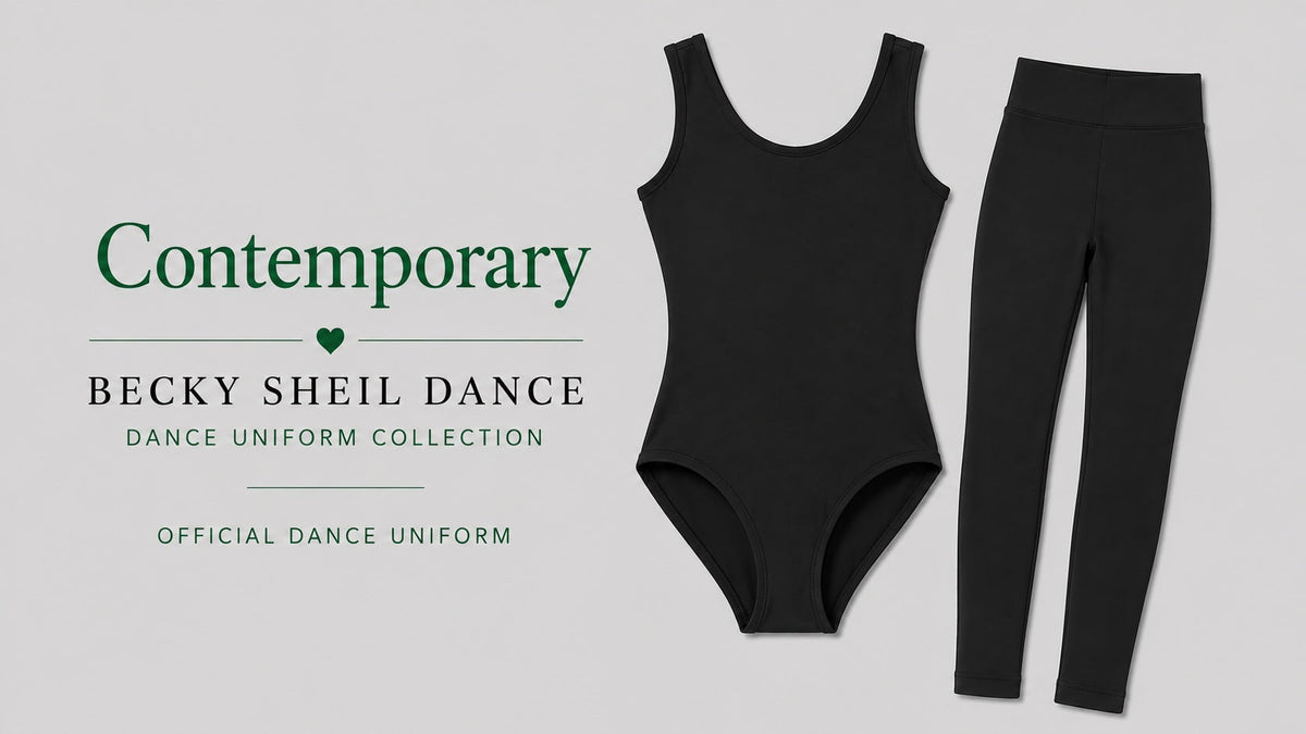 Becky Sheil Dance Contemporary uniform with black tank leotard and black footless tights
