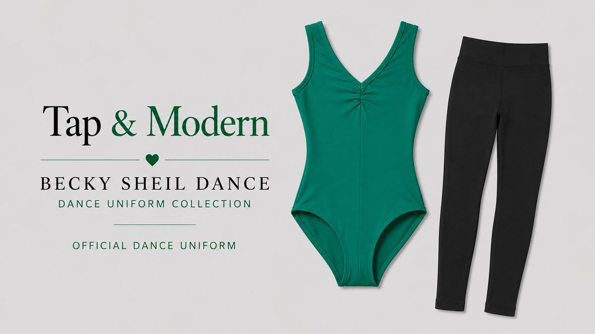 Becky Sheil Dance Tap & Modern uniform with green leotard and black footless tights