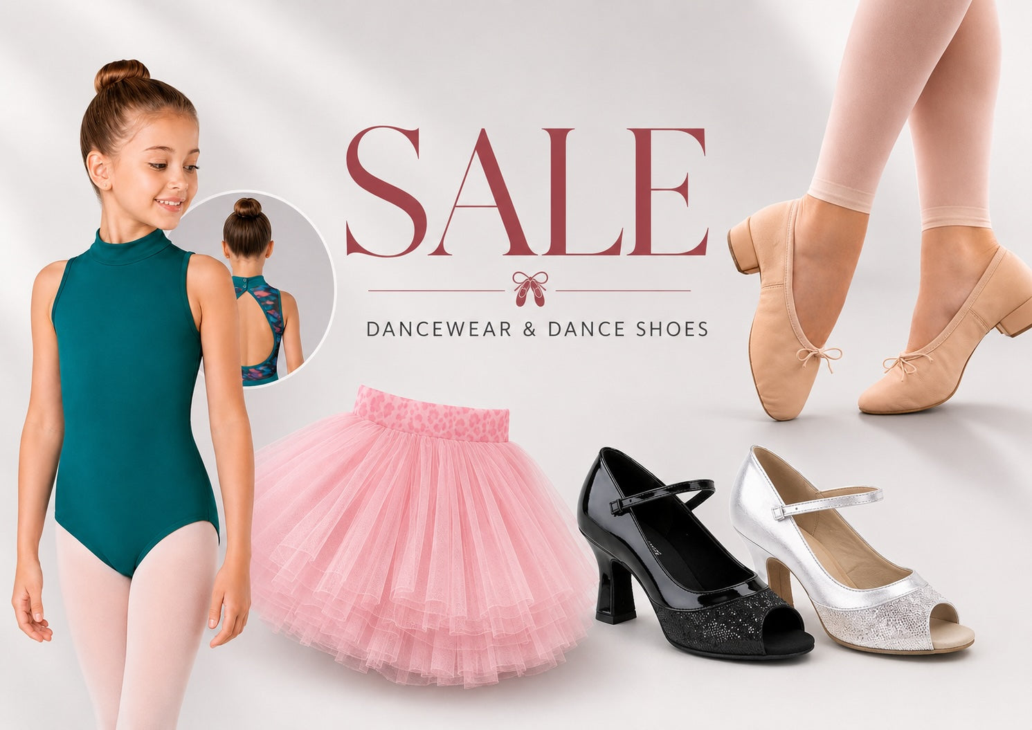 Dancewear and dance shoes sale banner featuring ballet leotard, tutu, teaching shoes and ballroom dance shoes