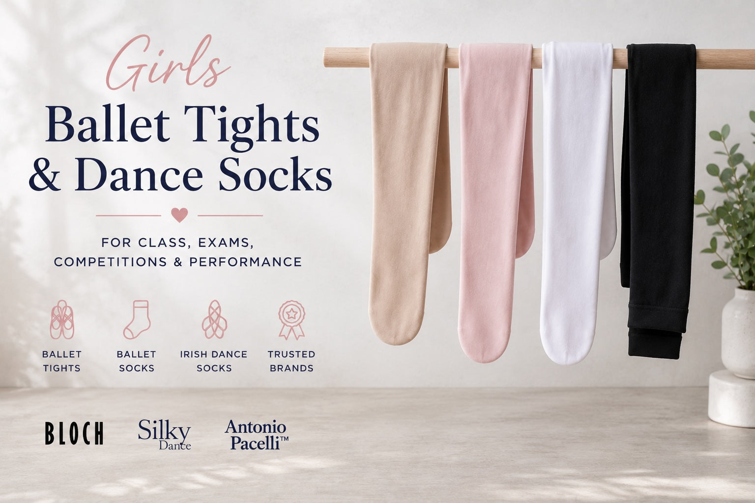 Girls ballet tights and dance socks in pink, nude, white and black from Bloch, Silky Dance and Antonio Pacelli