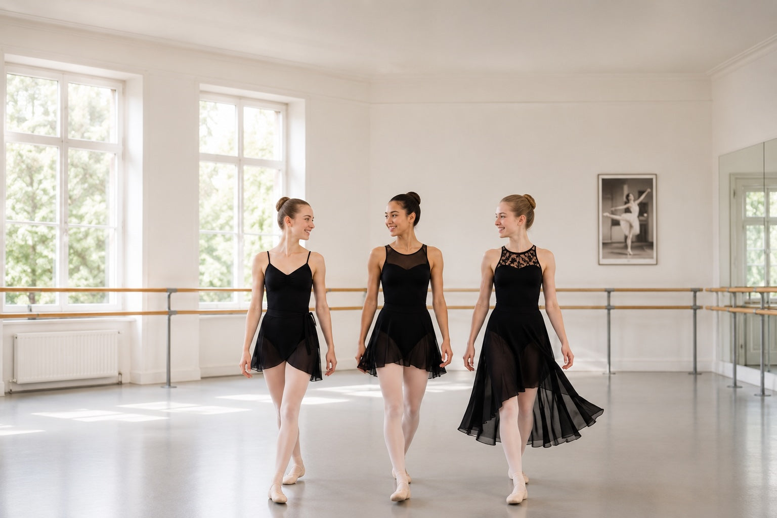 Teen ballet dancers wearing black ballet skirts and leotards walking together in a bright ballet studio