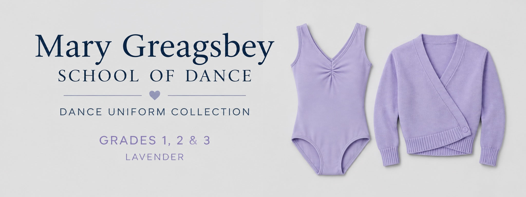 Mary Greagsbey School of Dance Grades 1, 2 and 3 lavender leotard and crossover cardigan uniform