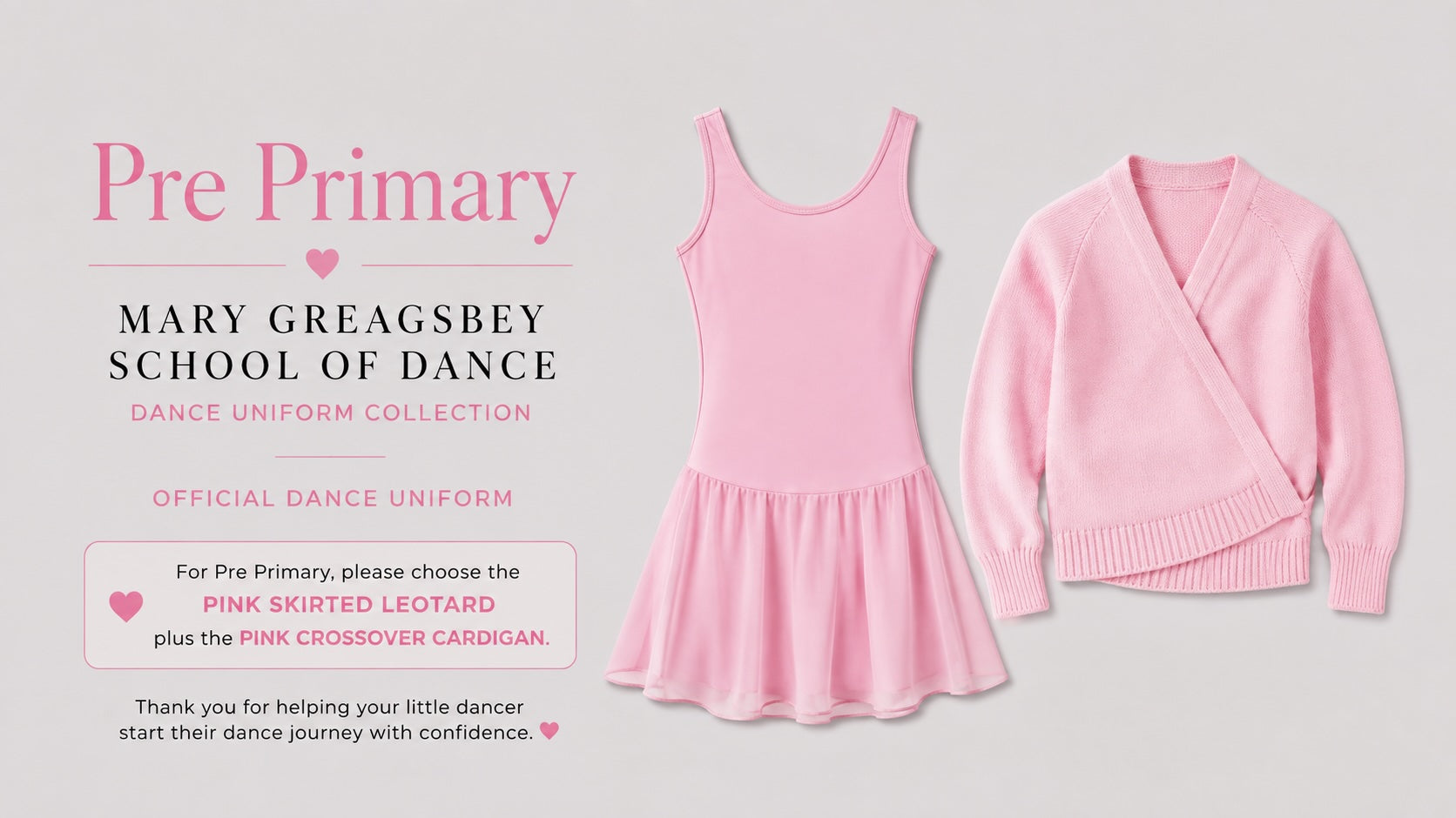 Mary Greagsbey School of Dance Pre Primary pink uniform with skirted leotard and crossover cardigan