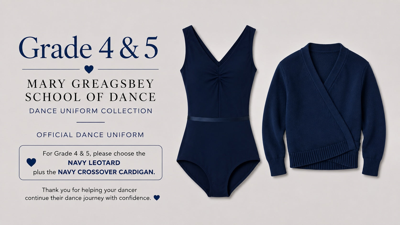 Mary Greagsbey School of Dance Grade 4 and 5 uniform collection featuring navy leotard and matching navy crossover cardigan.