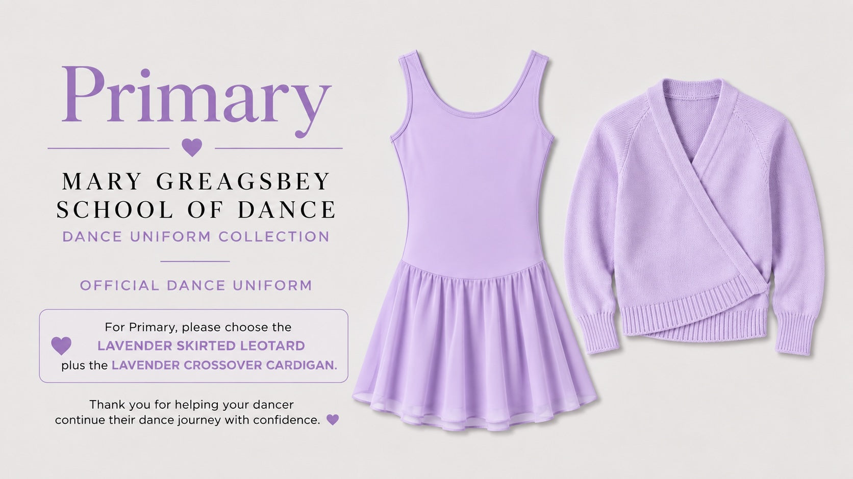 Mary Greagsbey School of Dance Primary uniform collection featuring lilac skirted leotard, lilac wrap cardigan, ballet tights and pink ballet shoes.