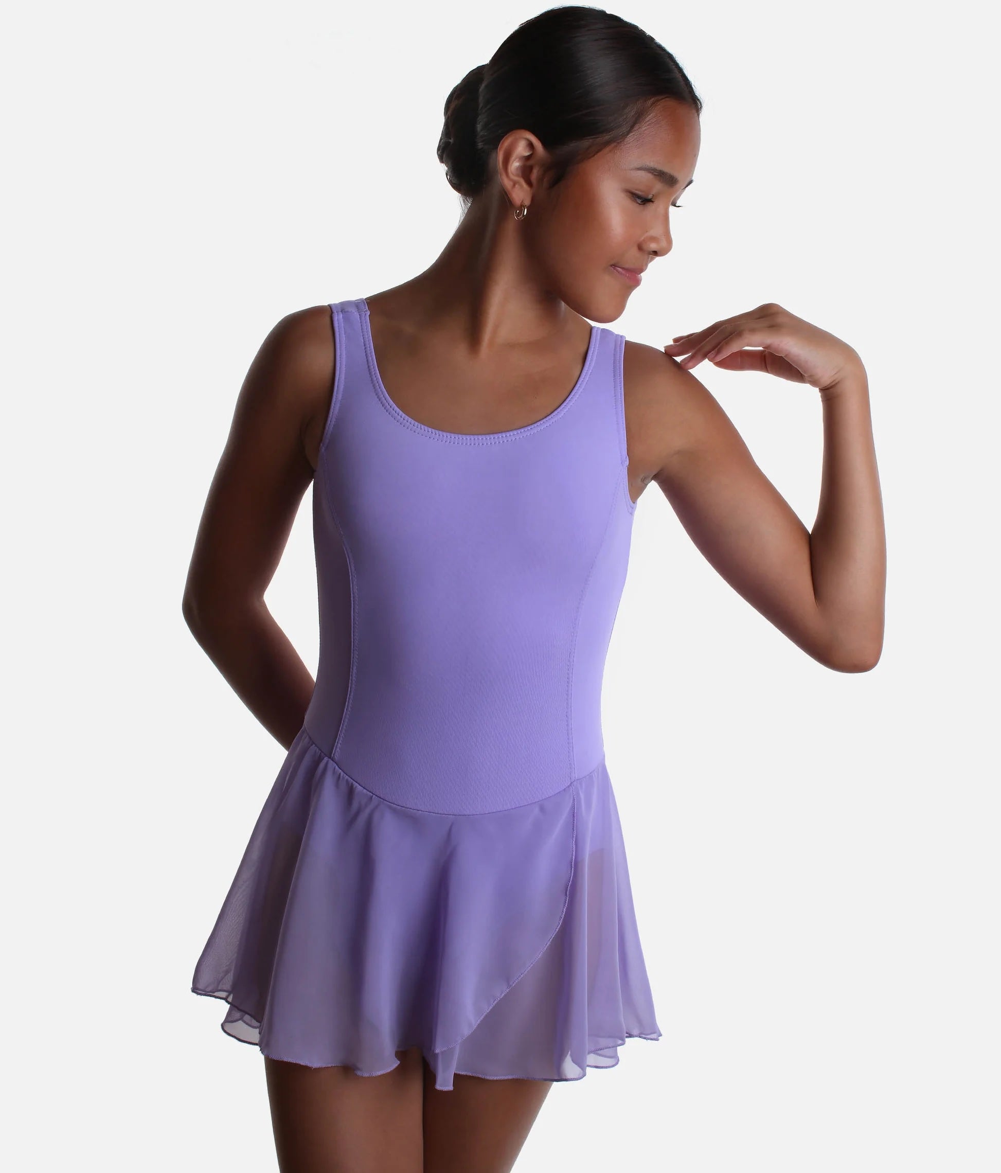 Close-up of lilac skirted ballet leotard Roch Valley Charlotte bodice and skirt detail