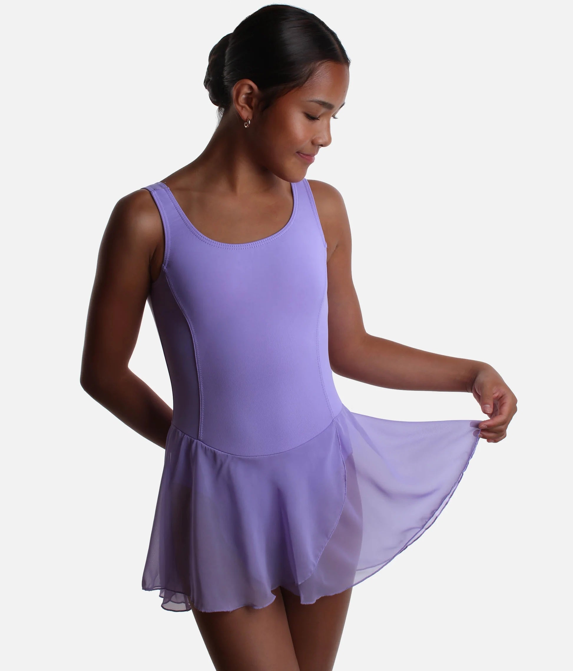 Girls lilac skirted ballet leotard Roch Valley Charlotte angled front view