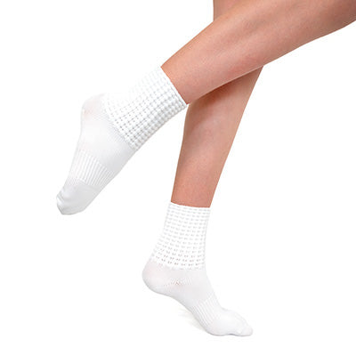 Antonio Pacelli PRO Irish dance socks white natural leg view showing ribbed poodle texture