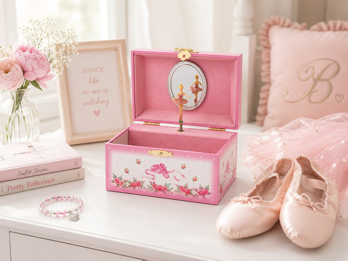 Ballerina musical jewellery box styled in a girl's ballet-themed bedroom with ballet shoes and dance accessories