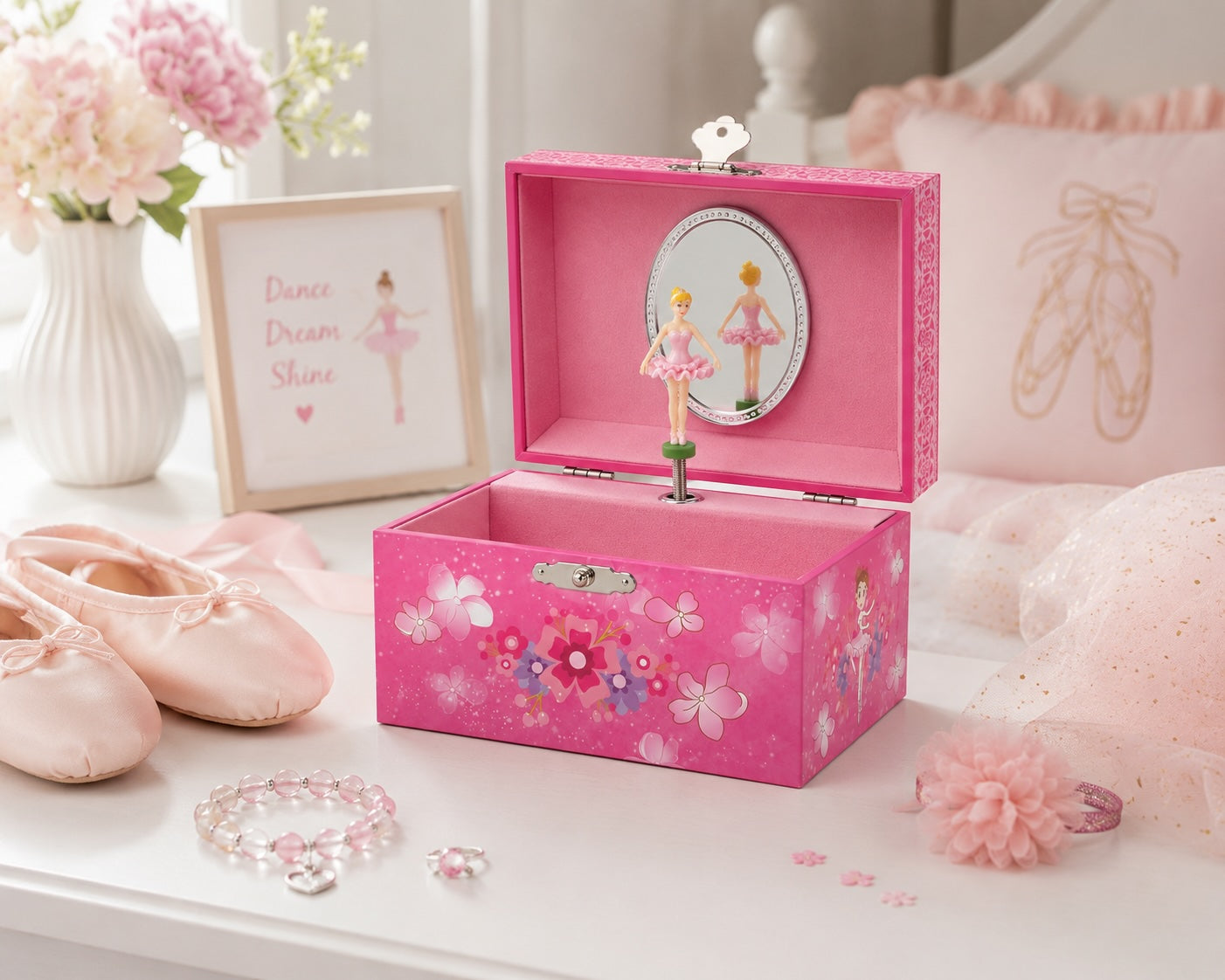 Ballerina musical jewellery box displayed in a ballet-themed bedroom with dance accessories
