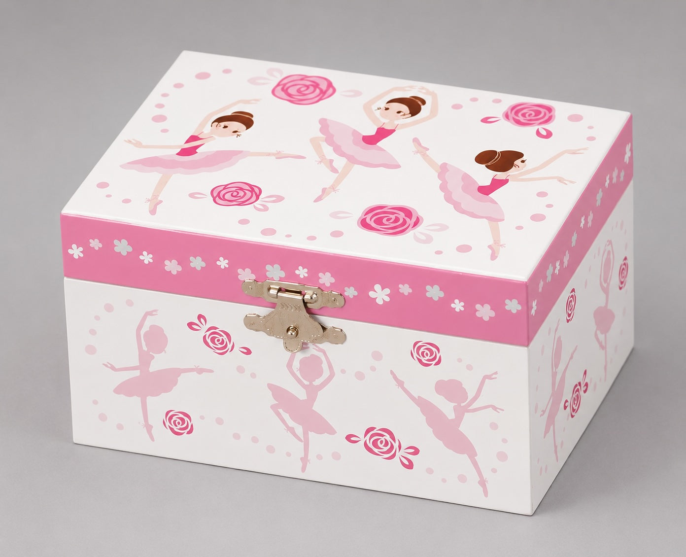 Pink ballerina musical jewellery box with dancing ballerinas design and floral artwork