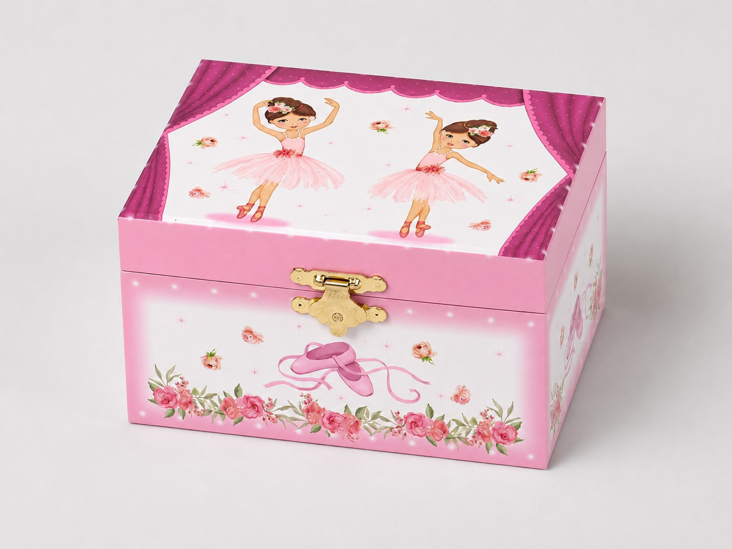 Pink ballerina musical jewellery box with ballet stage design, dancing ballerinas and floral details
