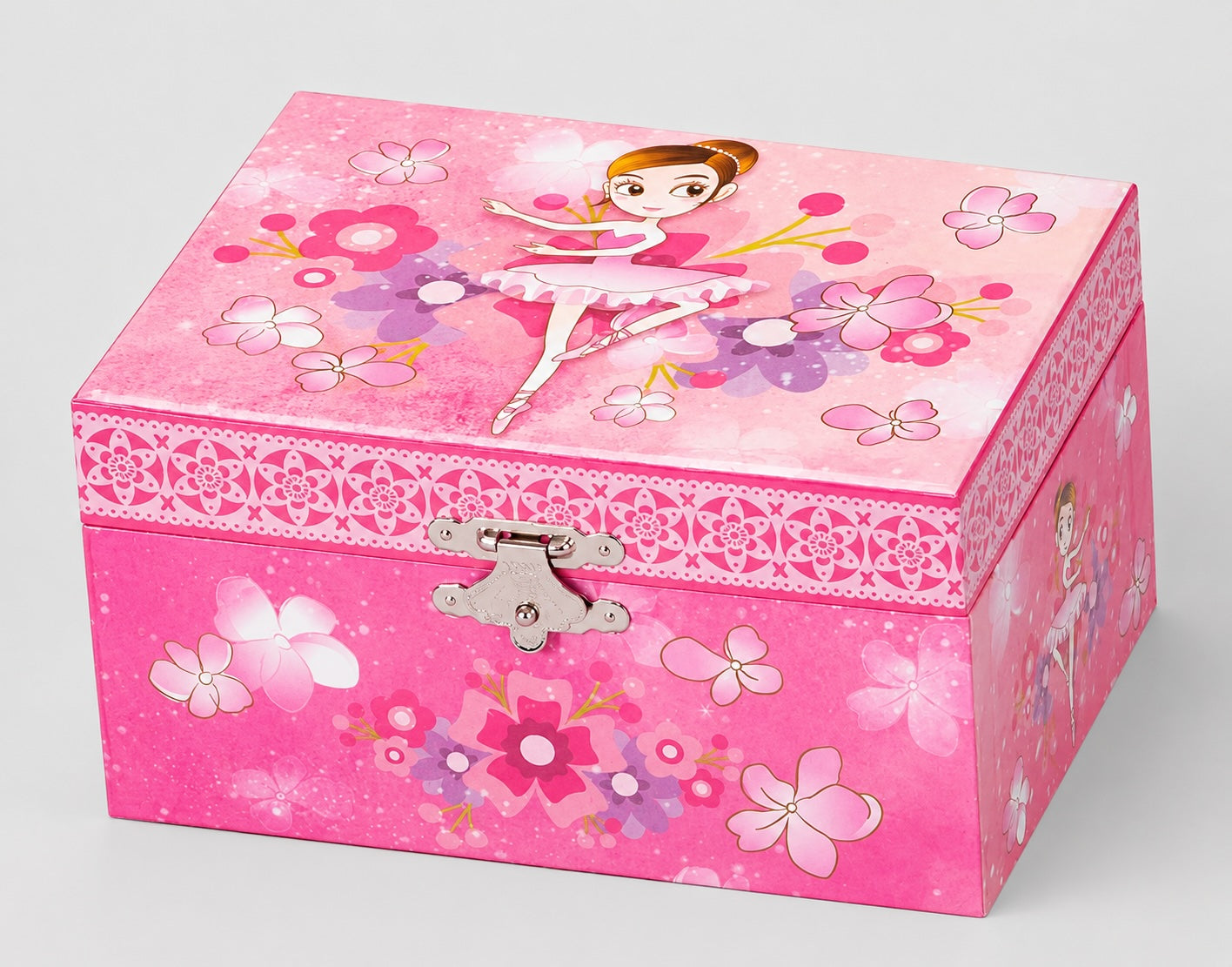 Pink ballerina musical jewellery box with floral ballet design and silver clasp