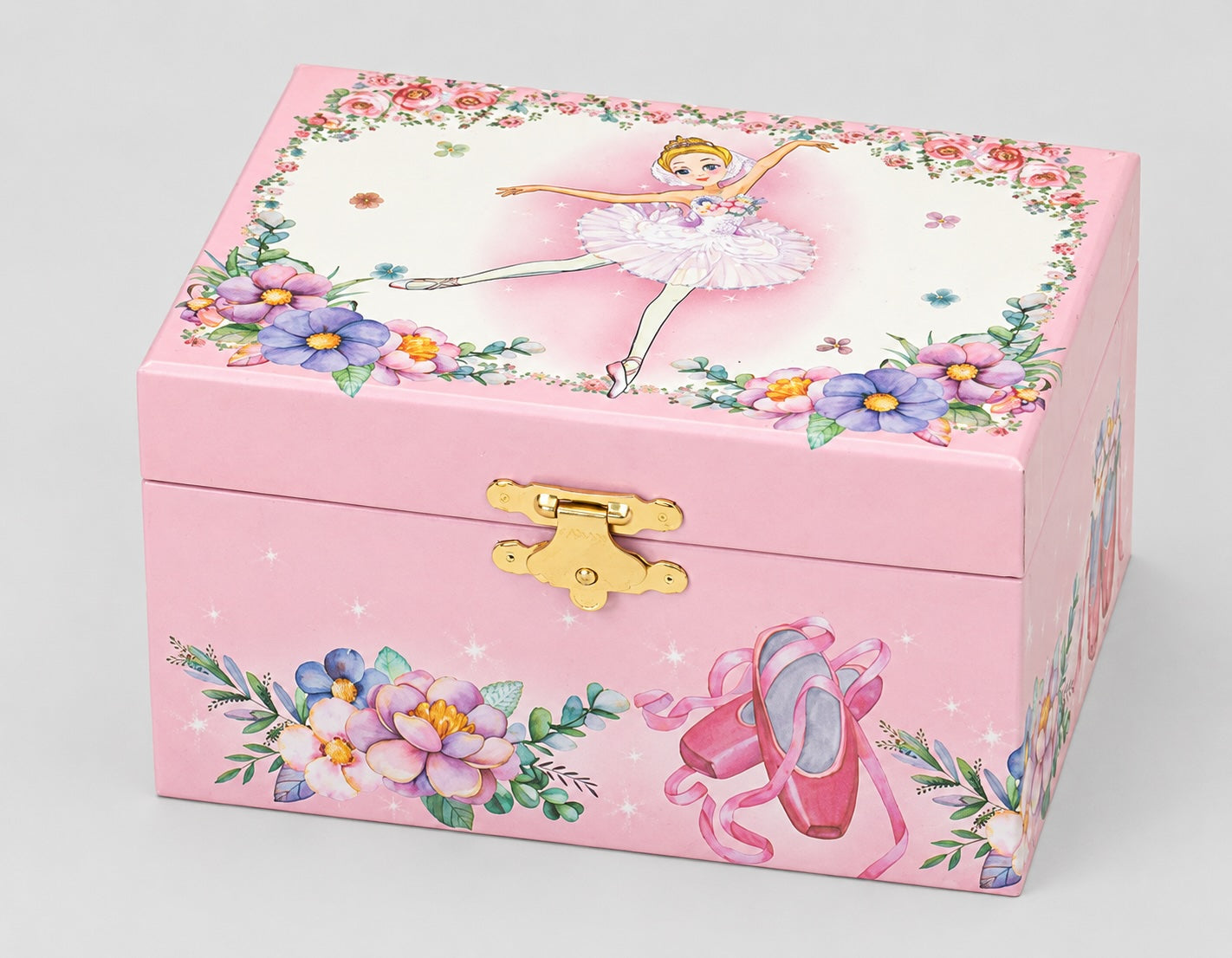 Pink ballerina musical jewellery box with tutu ballerina artwork and floral details