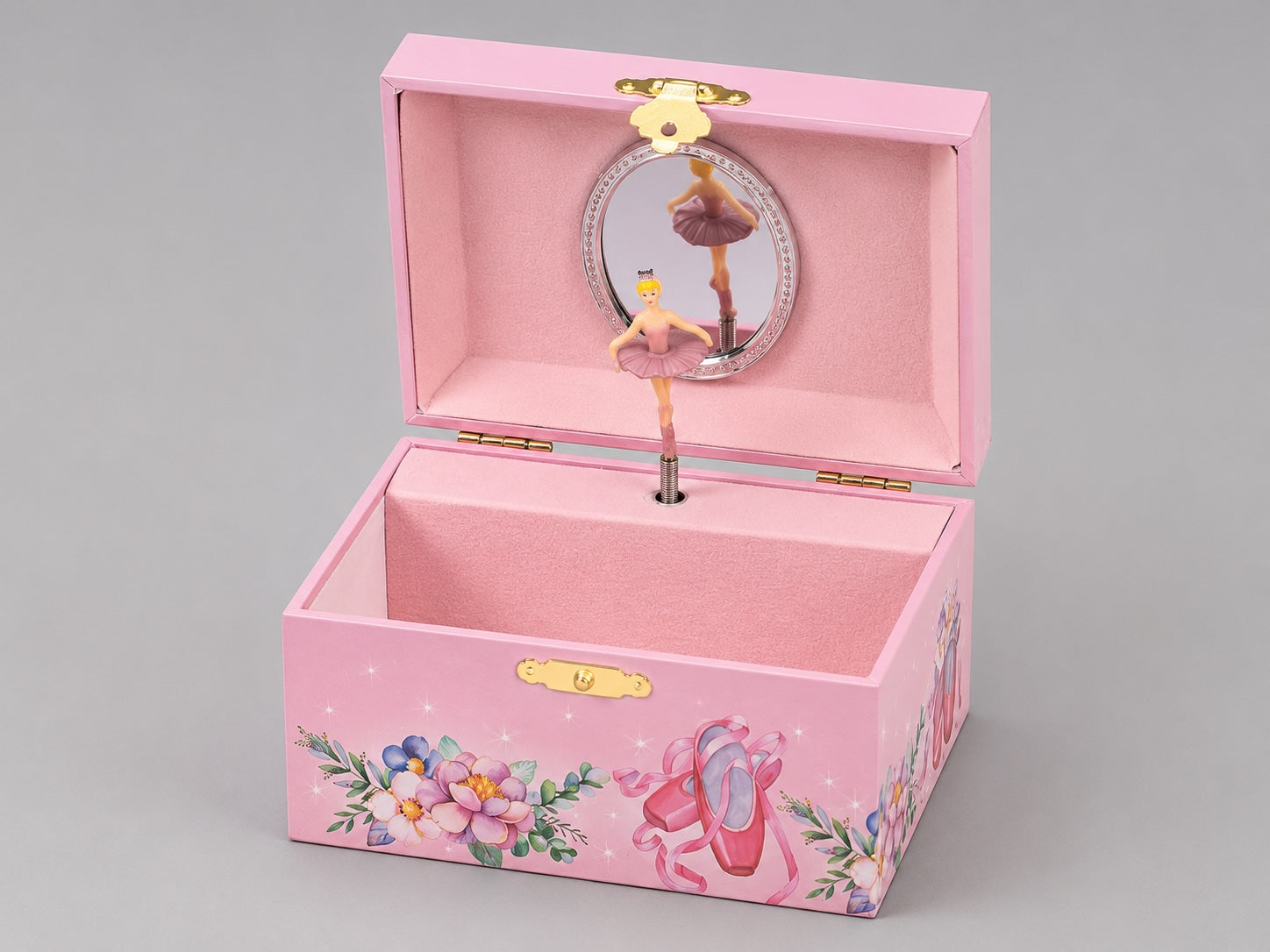 Open ballerina musical jewellery box with twirling ballerina, mirror and pink lined interior