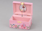 Open ballerina musical jewellery box with twirling ballerina, mirror and pink lined interior