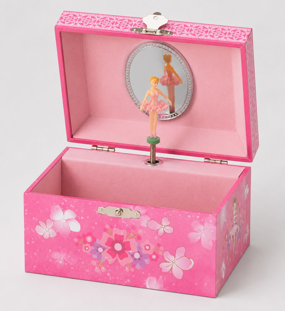 Open ballerina musical jewellery box with twirling ballerina, safety mirror and pink lined interior