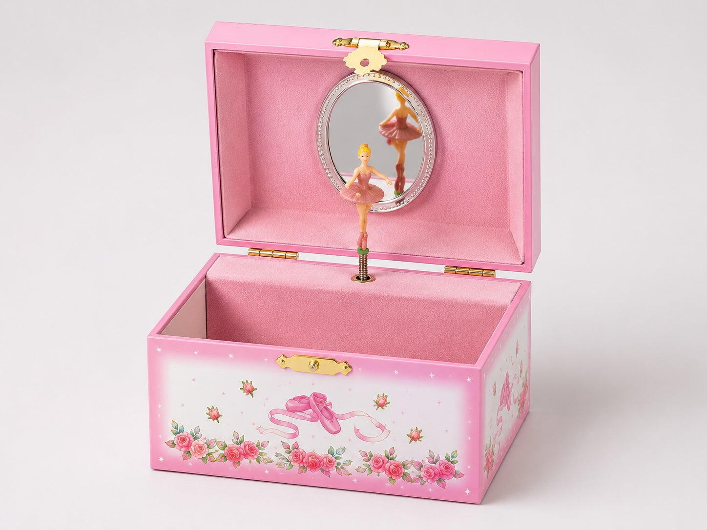 Ballerina musical jewellery box with dancing ballerina, mirror and pink ballet design
