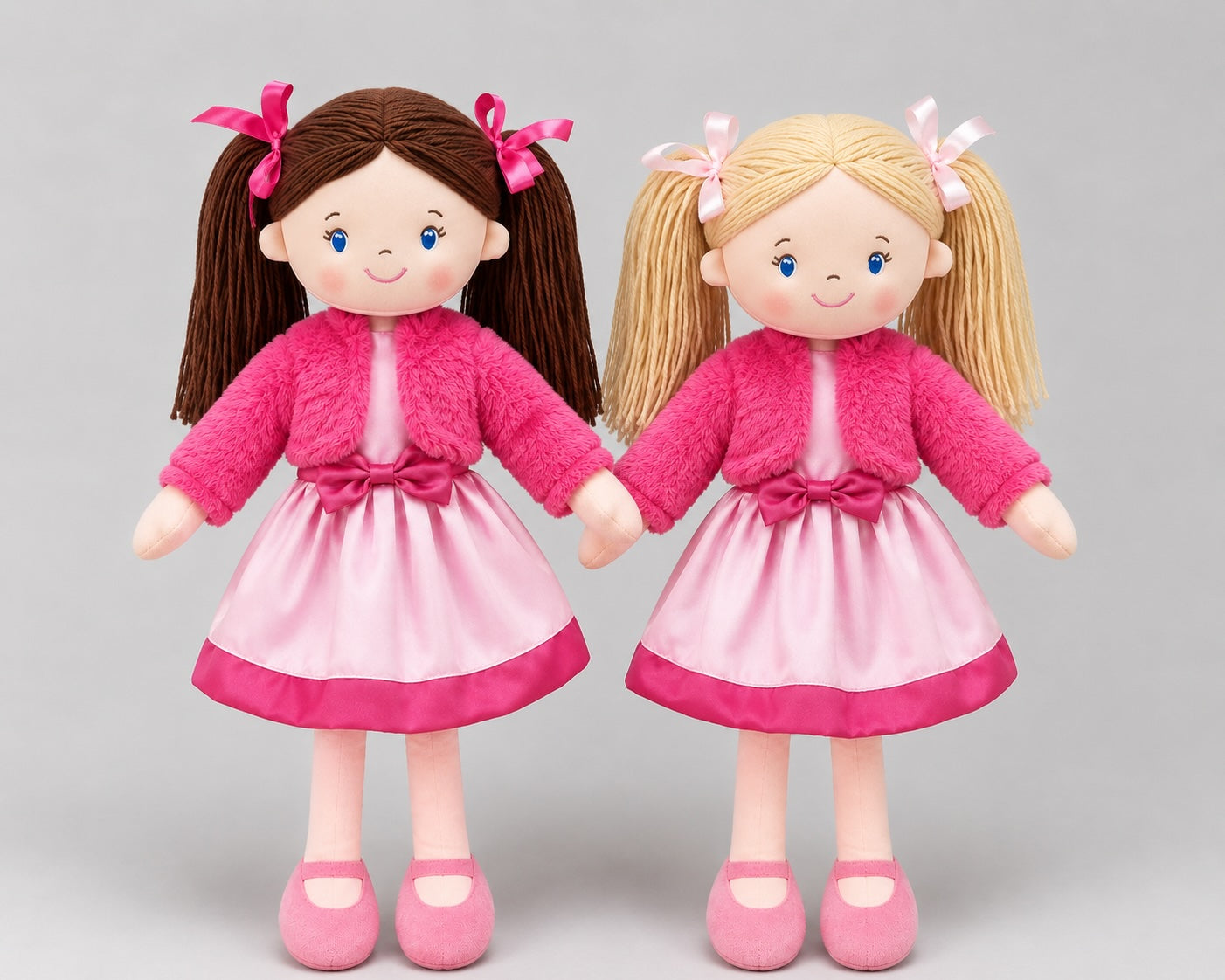 Blonde and brunette 50cm ballerina rag dolls in pink dresses and fluffy jackets
