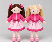 Blonde and brunette 50cm ballerina rag dolls in pink dresses and fluffy jackets