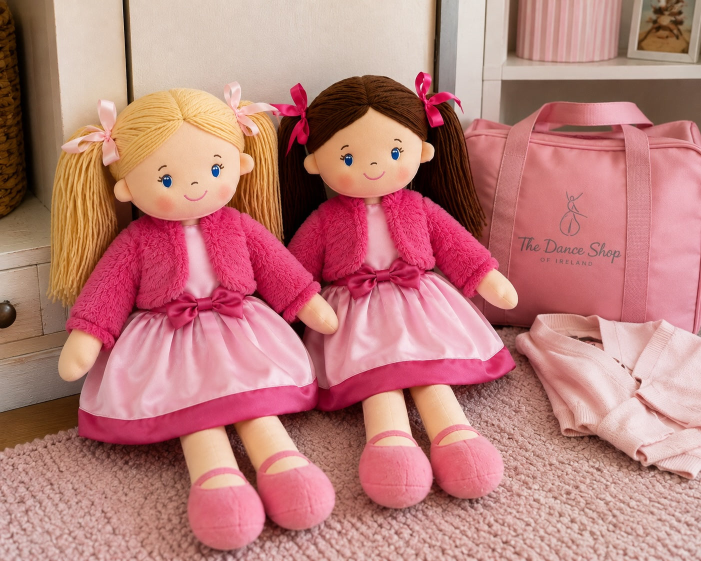 Blonde and brunette 50cm ballerina rag dolls with pink dance bag – gift for young dancers