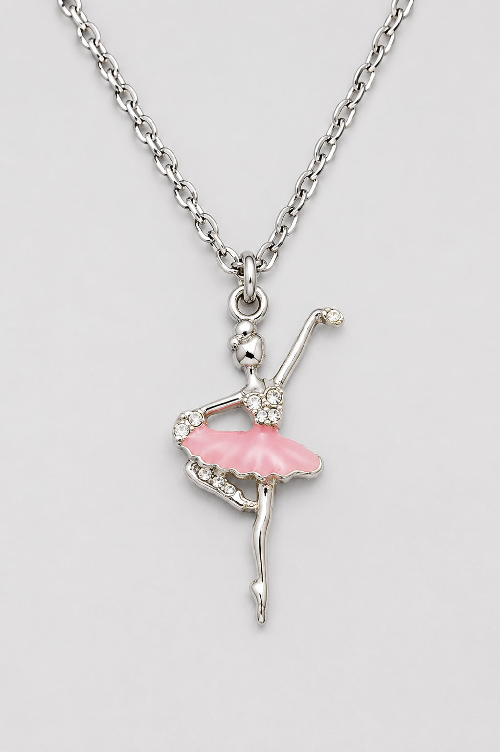 Pink ballet dancer pendant necklace for girls with crystal detail and silver colour chain