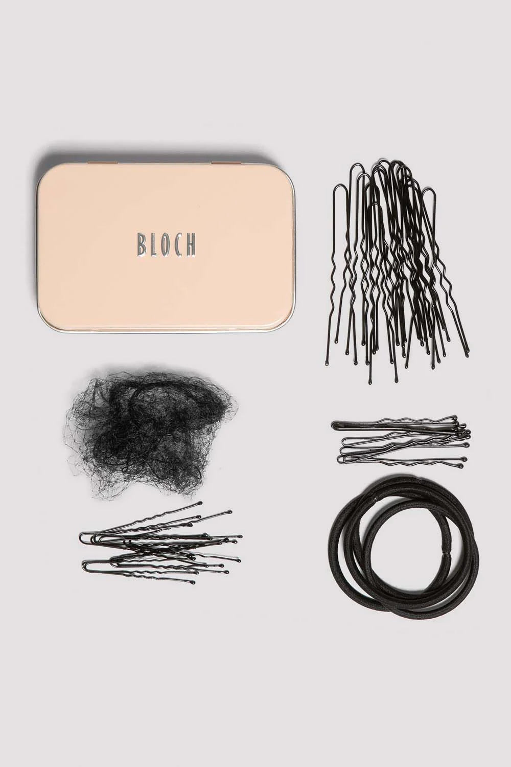 Black Bloch ballet hair kit with bun pins, hair elastics and hair net for ballet performance hair