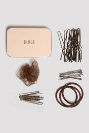 Brown Bloch ballet hair kit with bun pins, hair elastics and hair net for dance buns