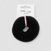 Black Molly Rose ballet bun doughnut hair accessory with packaging on light grey background