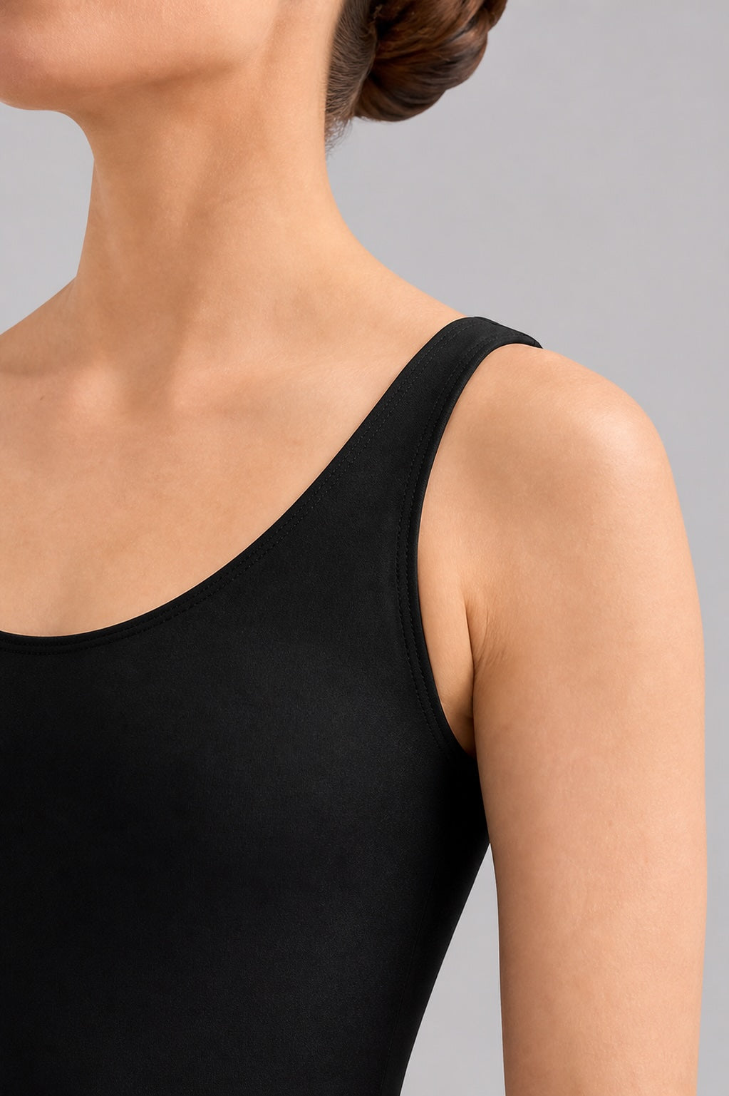 Black ballet leotard Bloch L5405 shoulder strap detail close-up