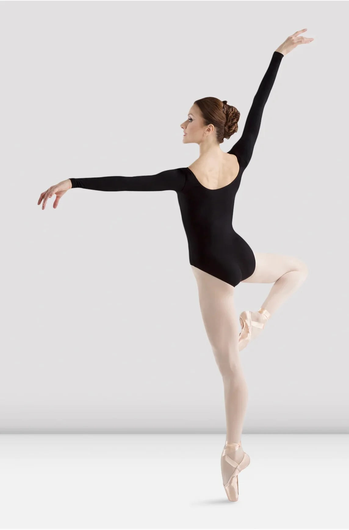 Black ballet leotard ladies long sleeve Bloch L5409 front view scoop neckline