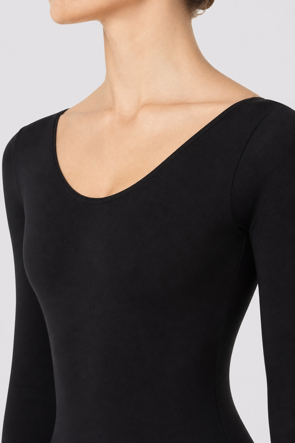 Black ballet leotard long sleeve Bloch L5409 close up scoop neckline and fabric detail