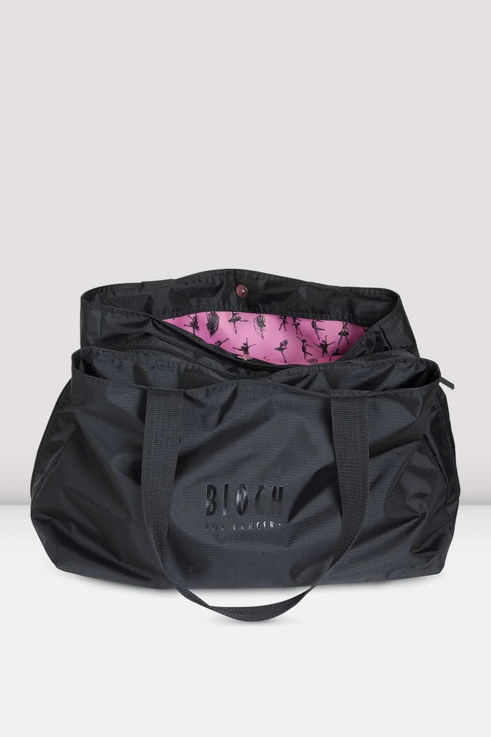 Bloch A310 black dance tote bag showing compartments and pink lining