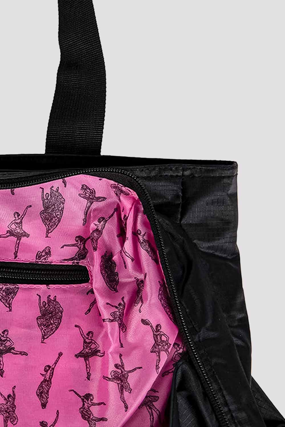 Close-up of Bloch A310 dance tote bag pink patterned lining