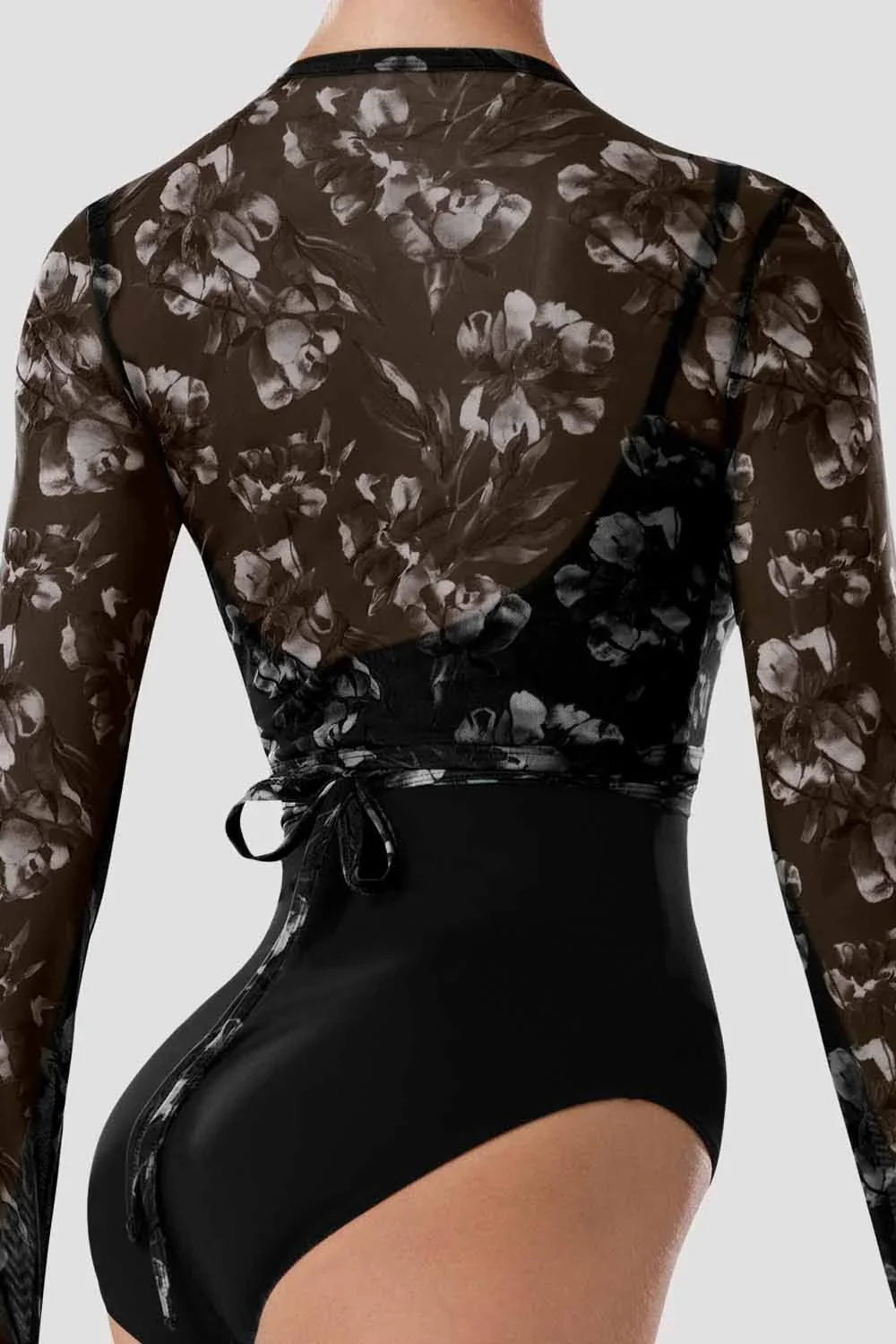 Back detail of Bloch Arden floral ballet wrap top Z4146 in black showing wrap tie fastening