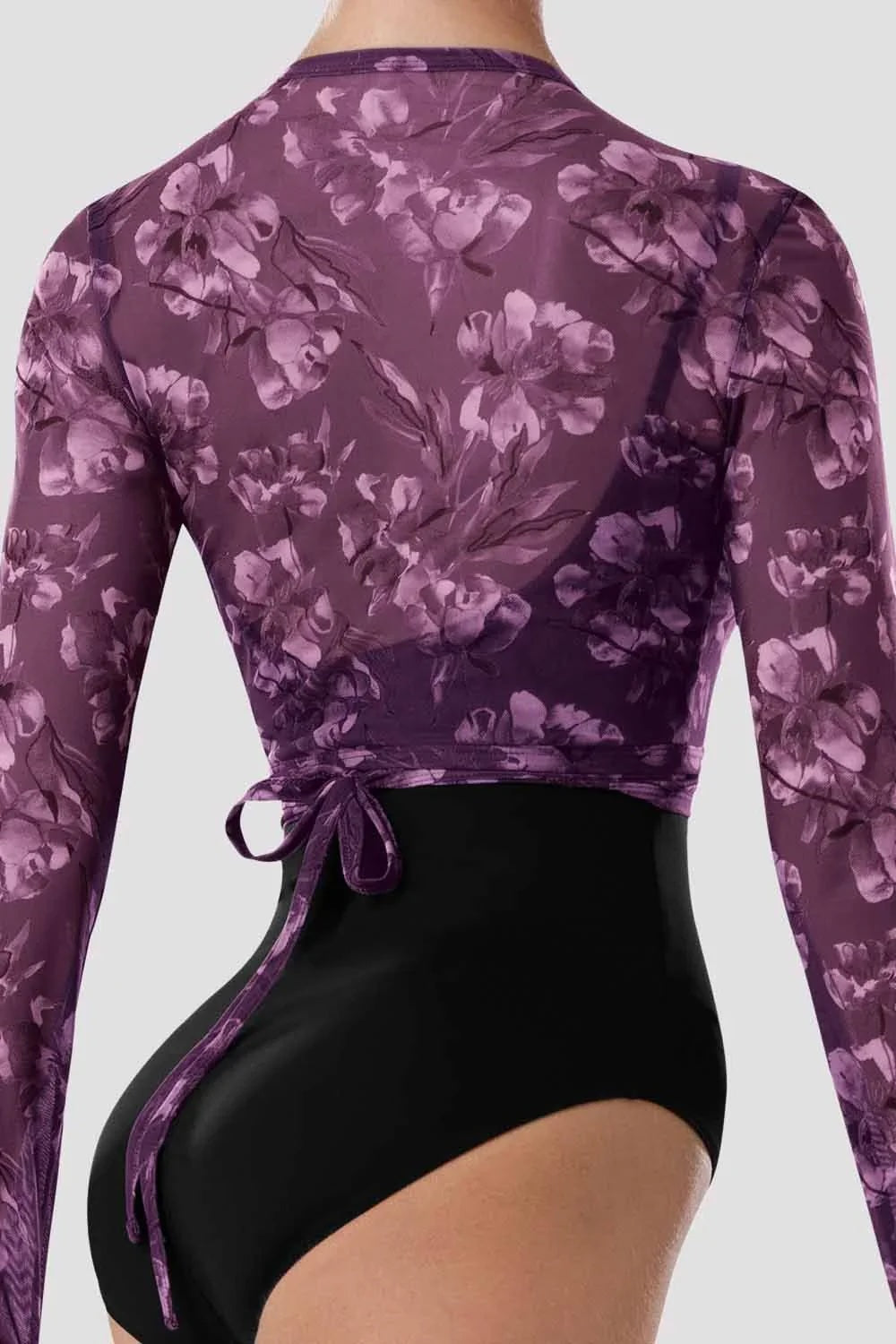 Back detail of Bloch Arden floral ballet wrap top Z4146 in Elegance showing wrap tie fastening