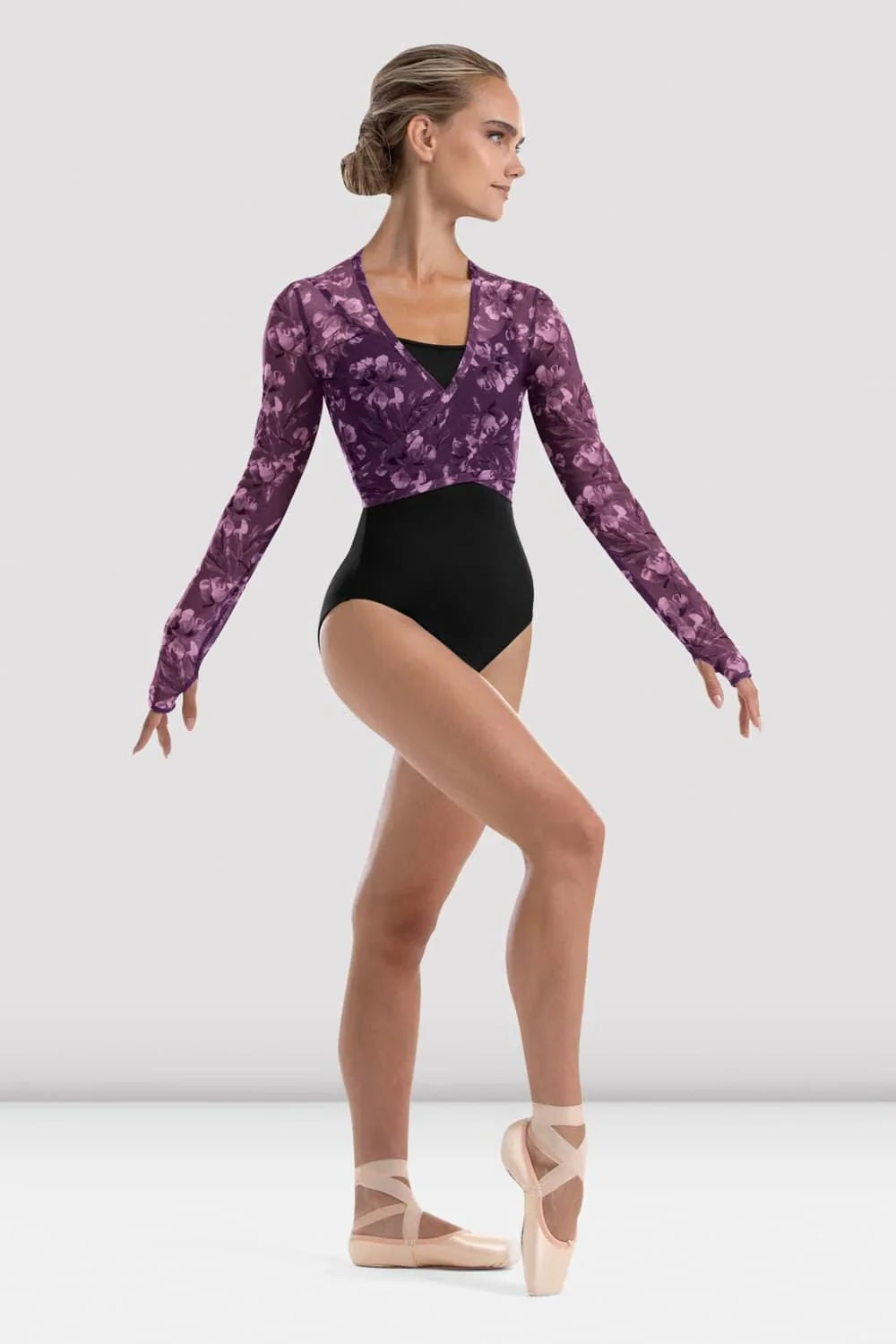 Dancer wearing Bloch Arden floral ballet wrap top Z4146 in Elegance side profile