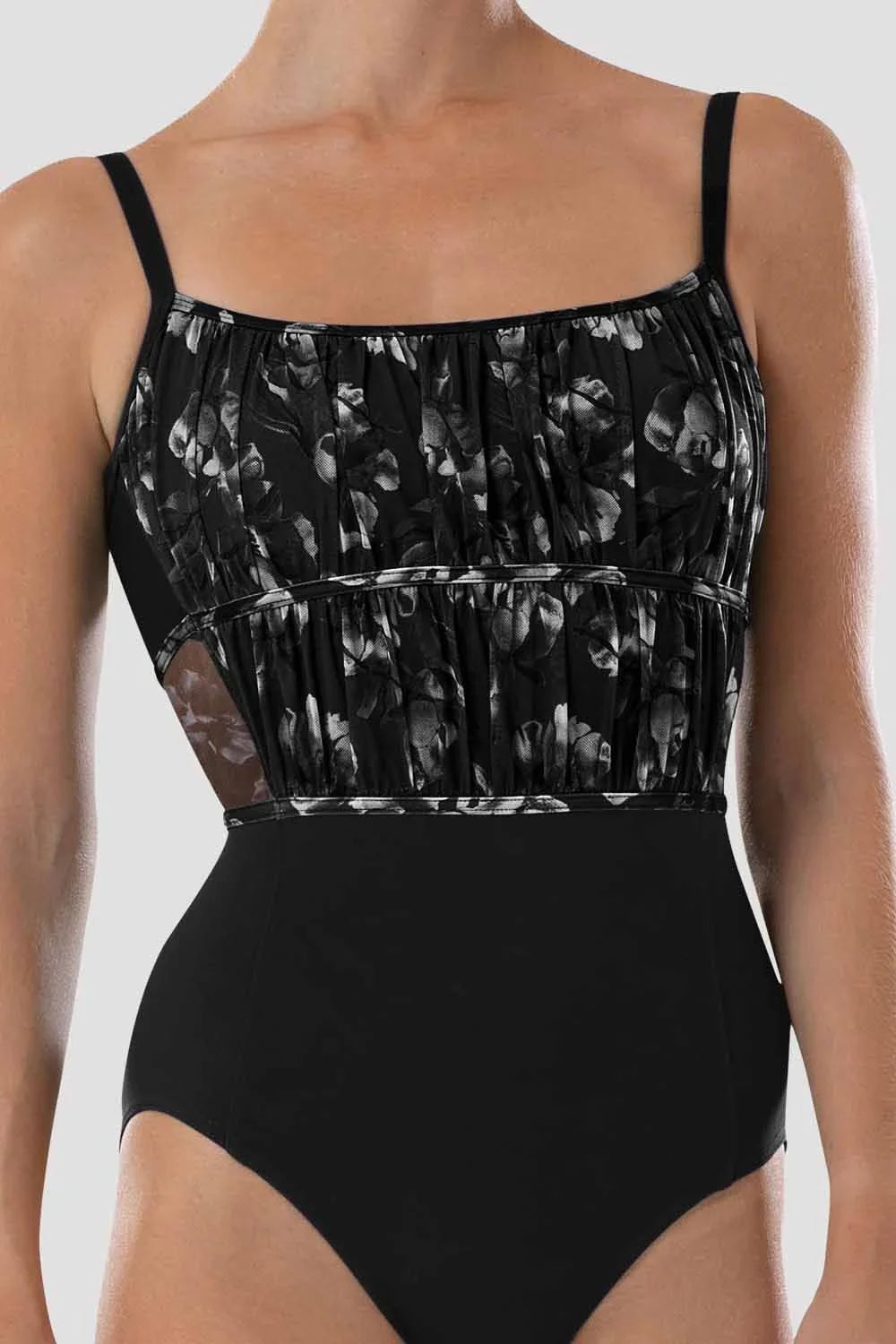 Close up of Bloch Ayla floral ballet leotard in black showing mesh and ruched detail