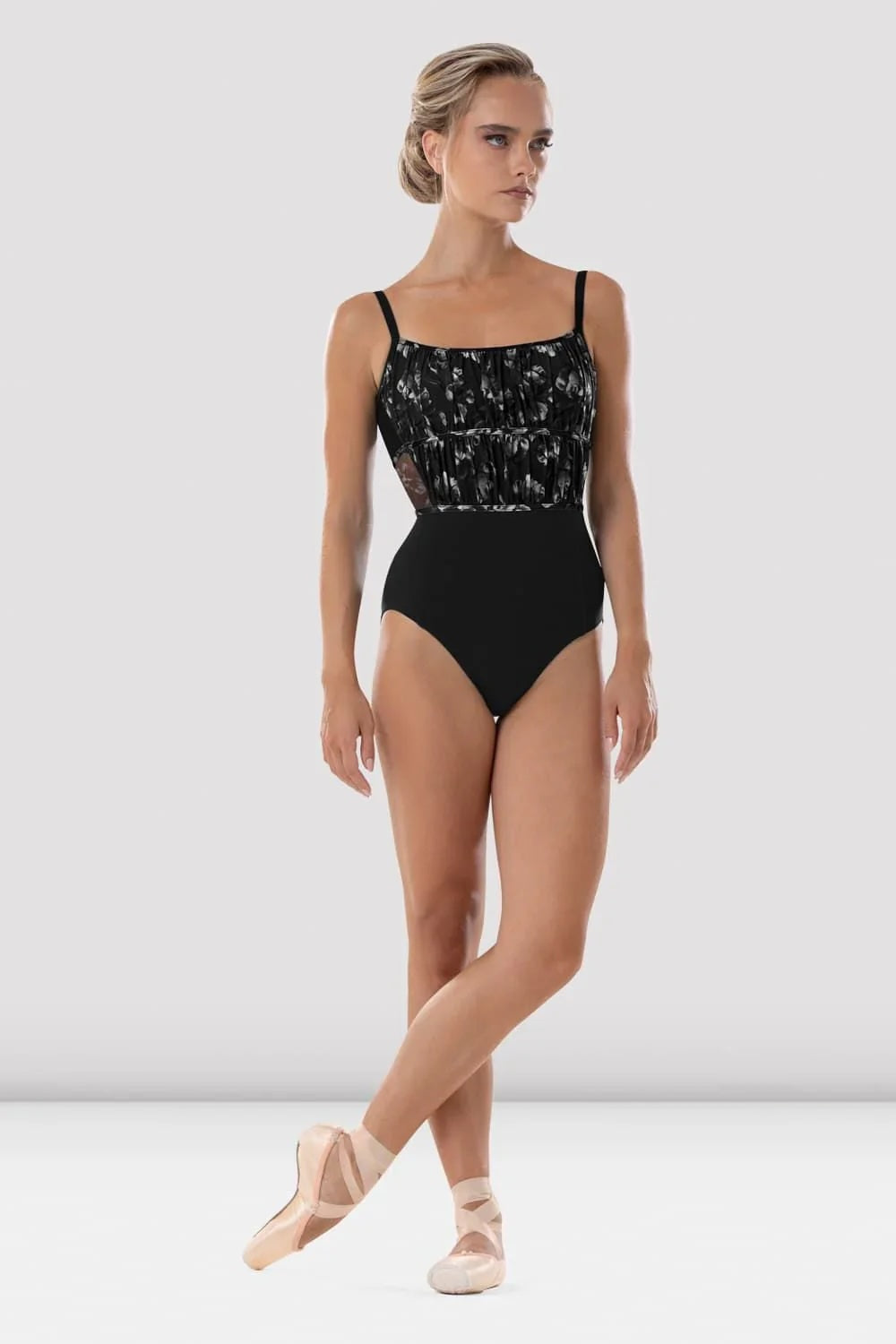 Bloch Ayla floral camisole ballet leotard in black front view worn