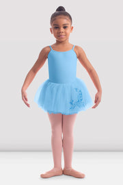 Front view of girl wearing Bloch blue rose embroidered ballet tutu skirt