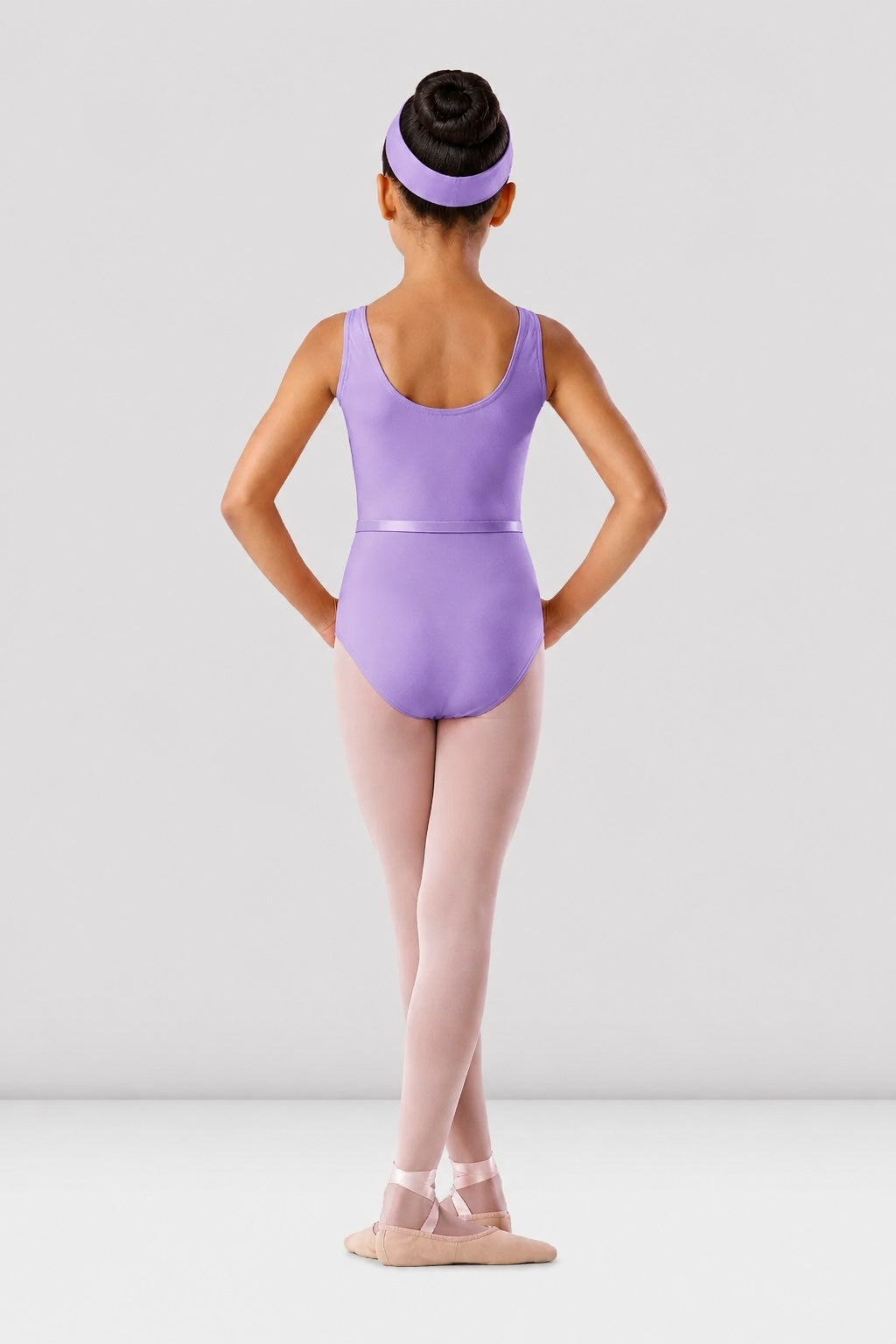 Girls Bloch BU101C lilac ballet leotard with matching belt – back view