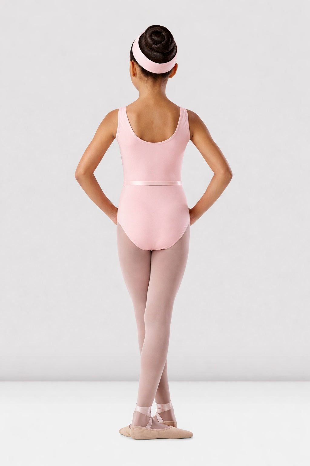 Girls pink ballet leotard Bloch BU101C back view with belt scoop back