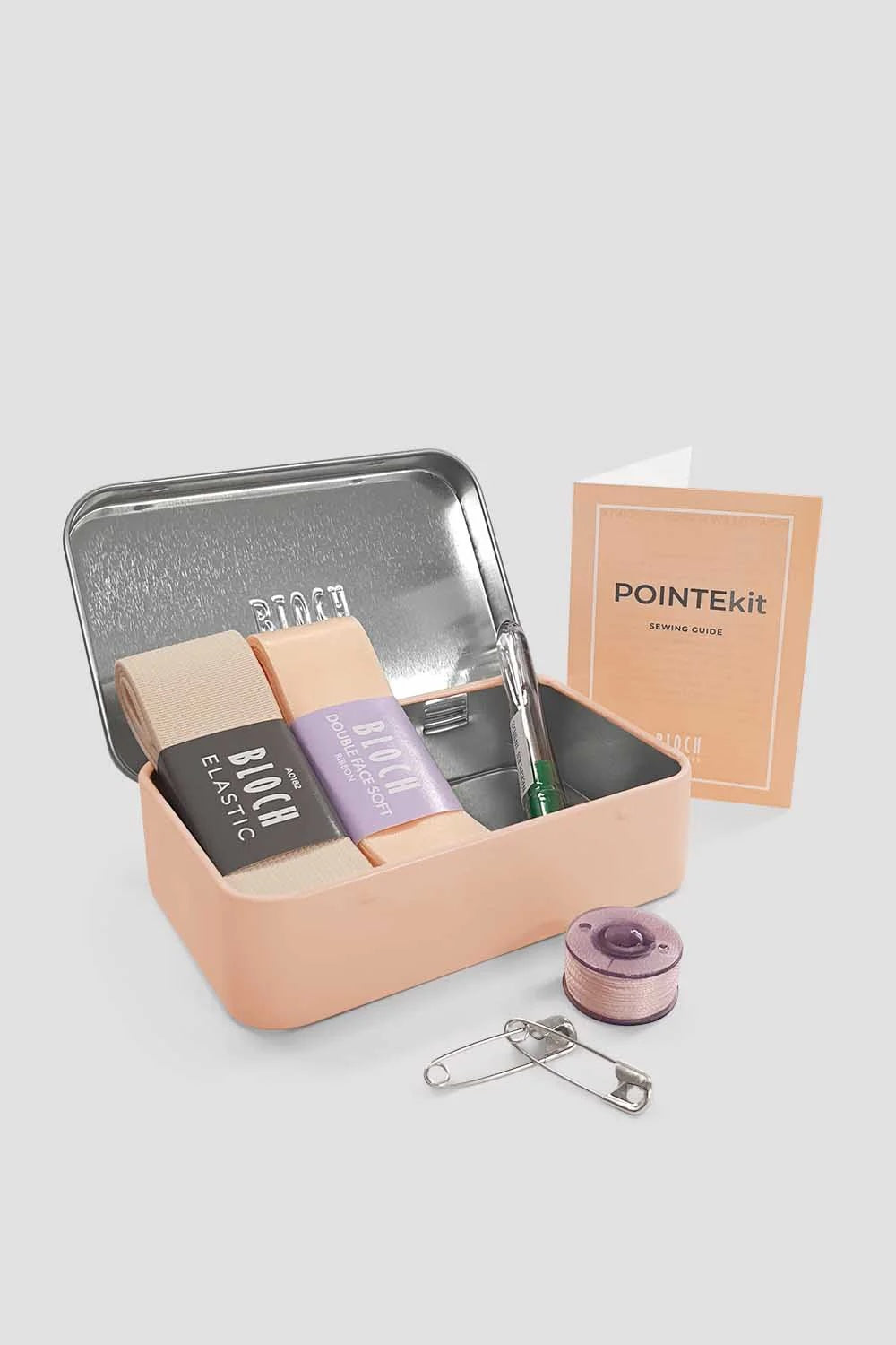 Bloch Classic Pointe Shoe Ribbon Kit A0524 with satin ribbon, elastic, thread, needles and sewing accessories in a storage tin.