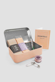 Bloch Classic Pointe Shoe Ribbon Kit A0524 with satin ribbon, elastic, thread, needles and sewing accessories in a storage tin.