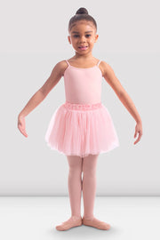 Front view of girl wearing Bloch CR6521 Candy Pink tutu skirt with animal print waistband