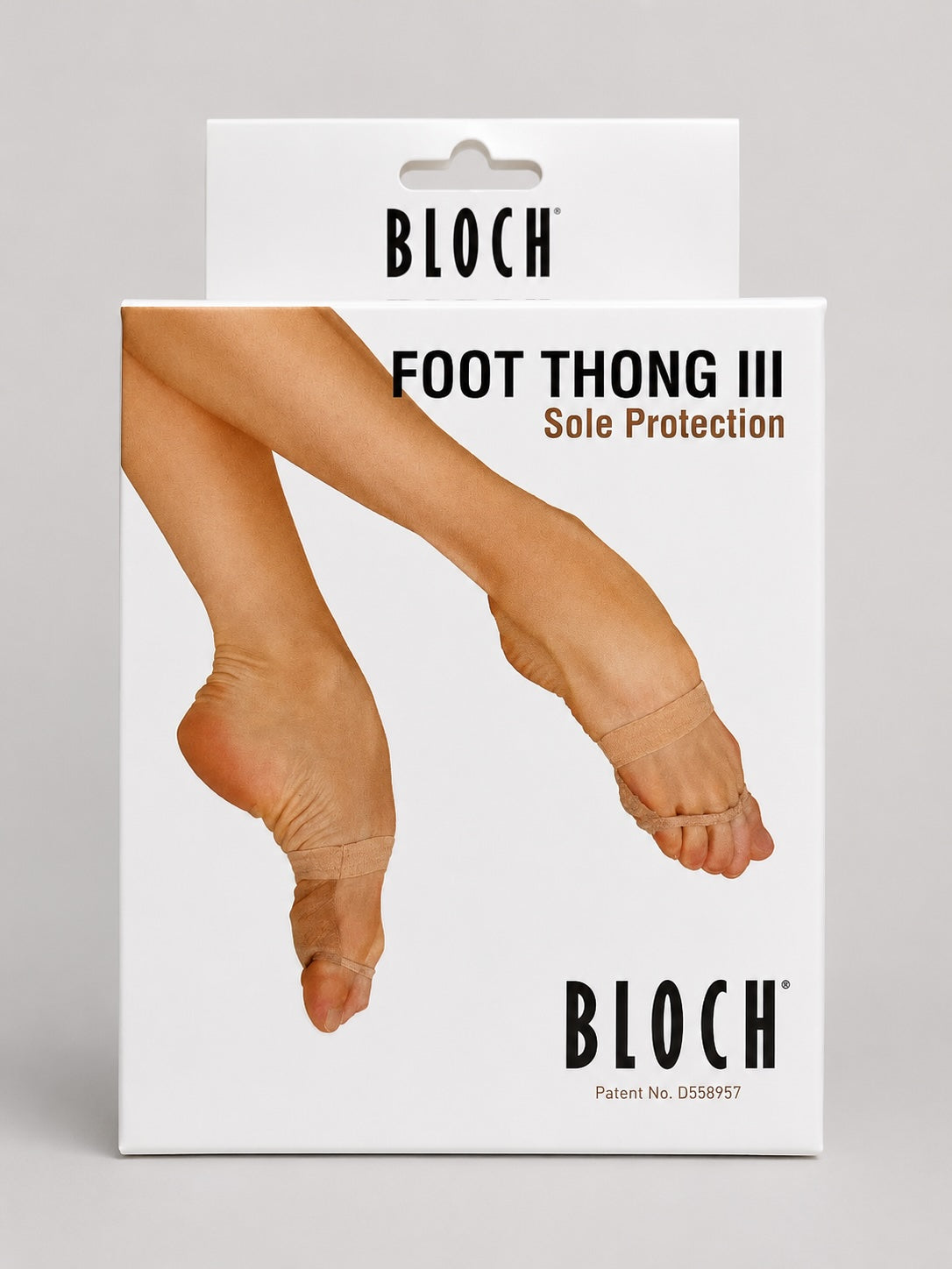 Bloch Foot Thong III sole protection packaging on a light grey background showing nude half sole dance shoe imagery